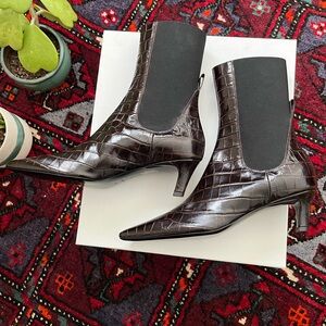 Toteme Dark Brown Crocodile-Embossed Mid-Heel Boots